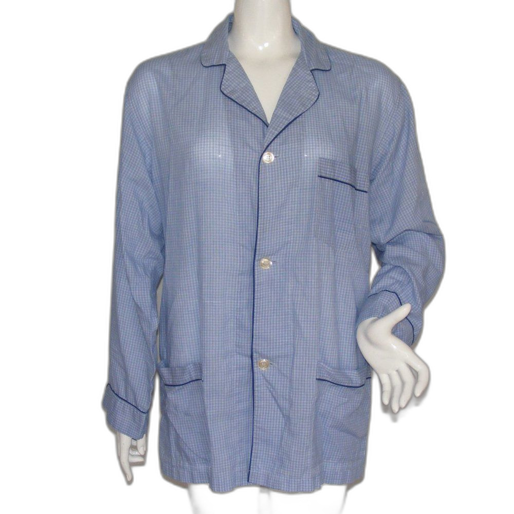 CHRISTIAN DIOR Pajama Top, M, VINTAGE, Blue Plaid/Check, Button front, Pockets